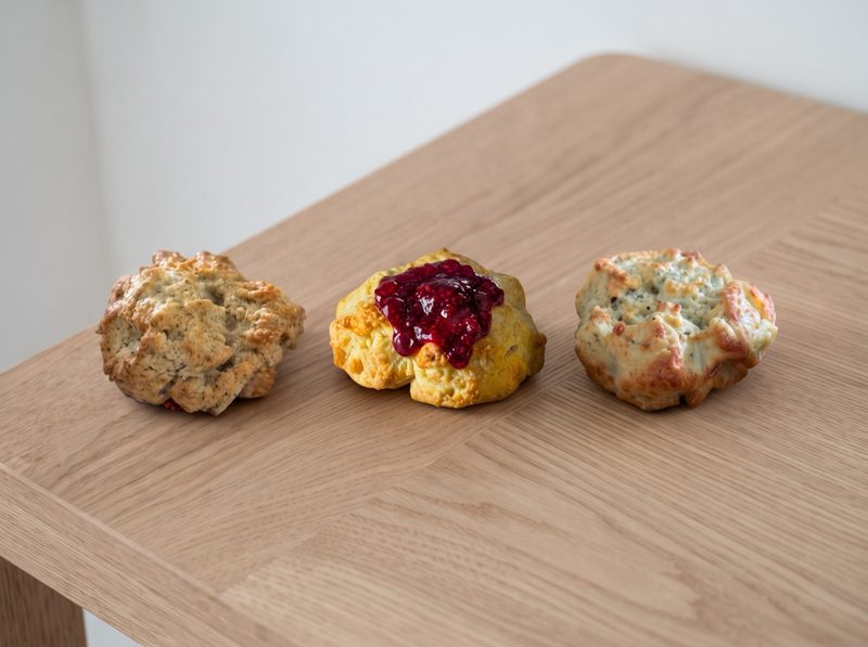 Three freshly baked scones on an oak table — one plain, one with berry jam, one studded with herbs and cheese.